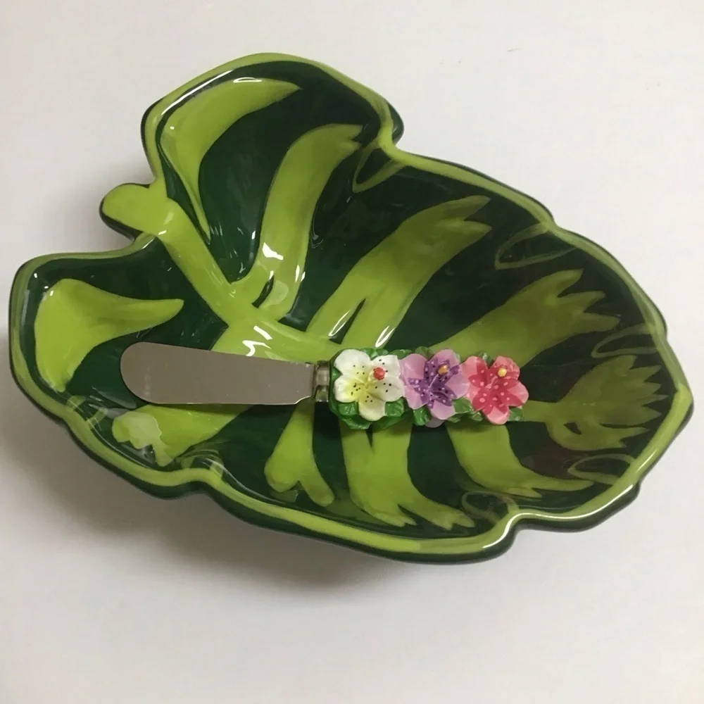 Tropical Leaf Serving Bowl Floral Spreader Green Ceramic Dip Fruit Hawaii Luau